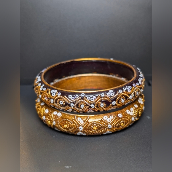 Hand Beaded Wood Bangles Gold White Seed Bead Boho Luxe Artisan Global Artisan - Picture 4 of 5